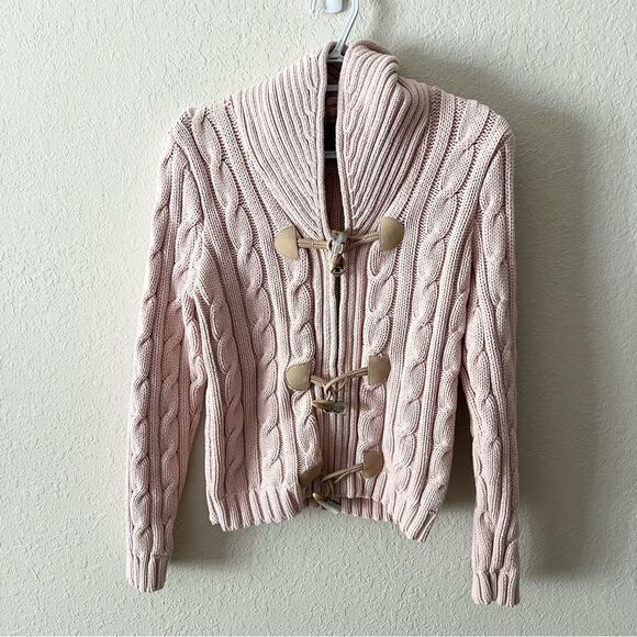 Lauren Ralph Lauren Womens Pink Toggle Zip Jacket Cardigan Hood 100% Cotton Sz L - Picture 1 of 5